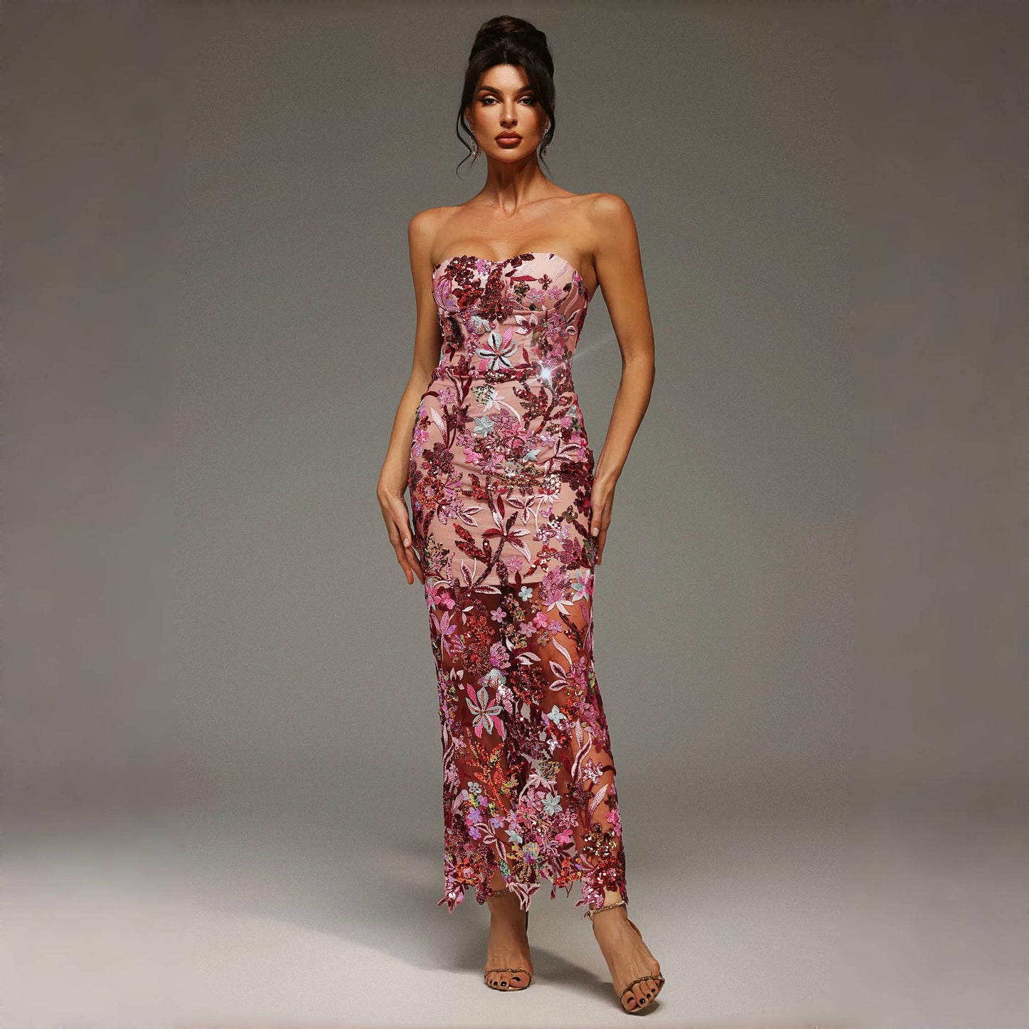 Floral Sequins Sheer Embroidered Dress