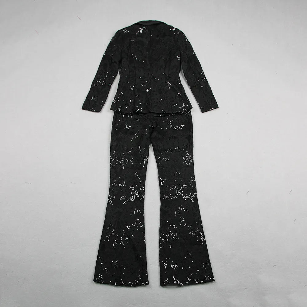 Sexy ladies suits office wear formal sequin lace translucent ladies elegant tuxedo suit two piece suit