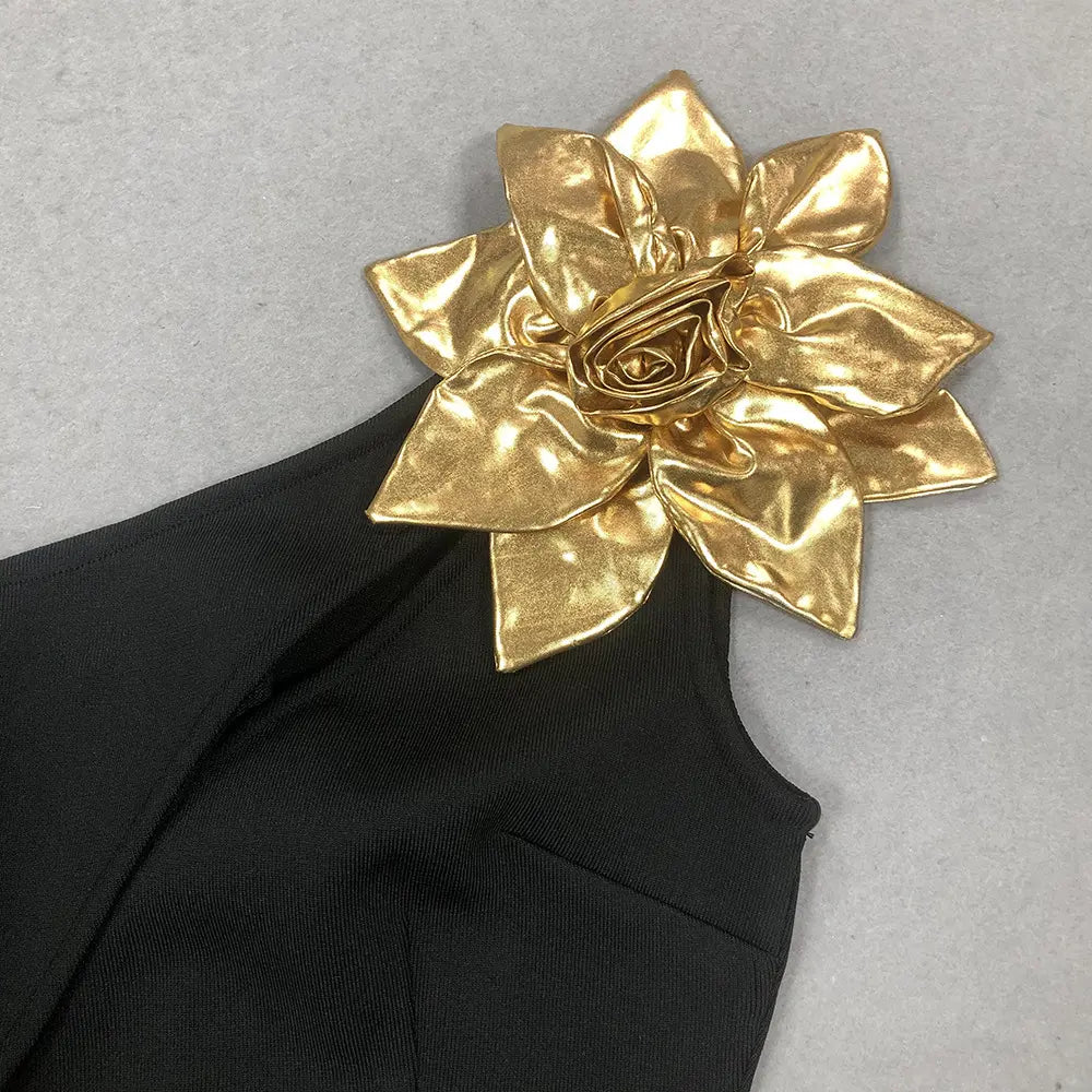 Wholesale women's elegant black club wear sexy party wear gold 3D flower cut out maxi dress evening gown