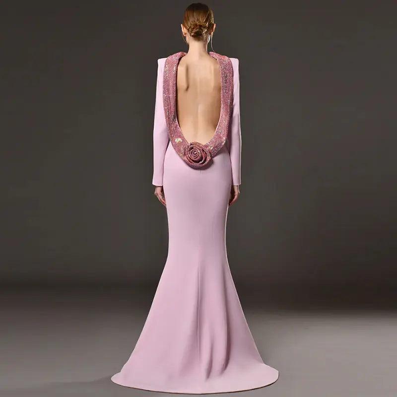 New Women's Autumn Bridesmaid Dresses Light Purple Long Party Dress Backless Diamond 3D Flowers Elegant Female Evening Dress