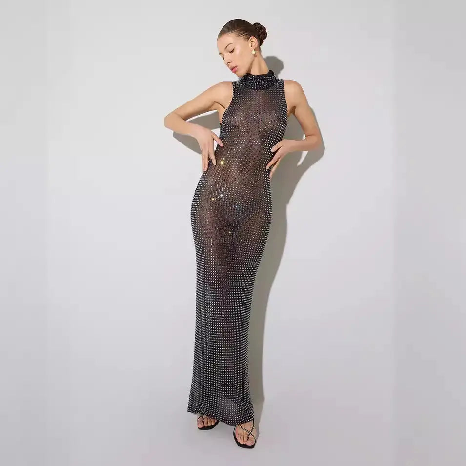 Luxury Diamond See-Through Maxi Nightgown Transparent Female Mesh Rhinestone Exquisite Transparent Sexy Evening Dress