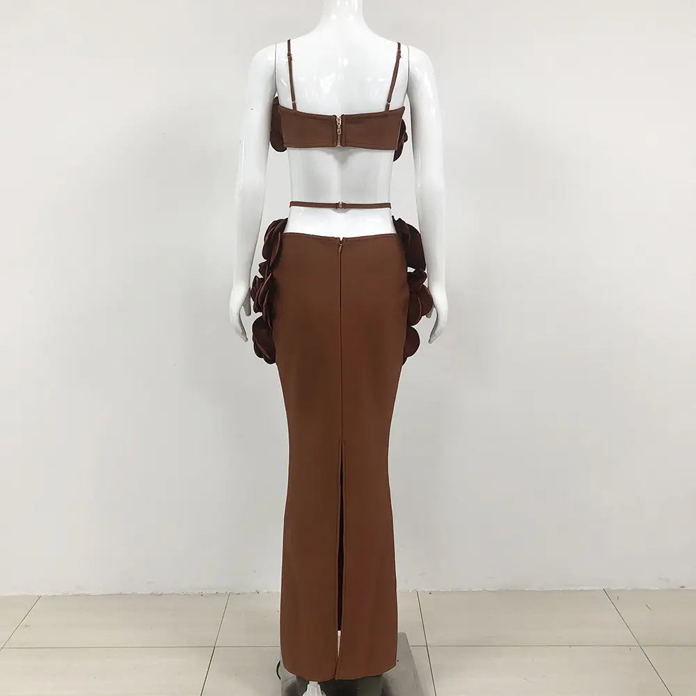 Trend 2025 Latest Arrivals Sexy Dark Brown Bandage Dress 3D Flower Top Floral Maxi Dress Two Piece Set