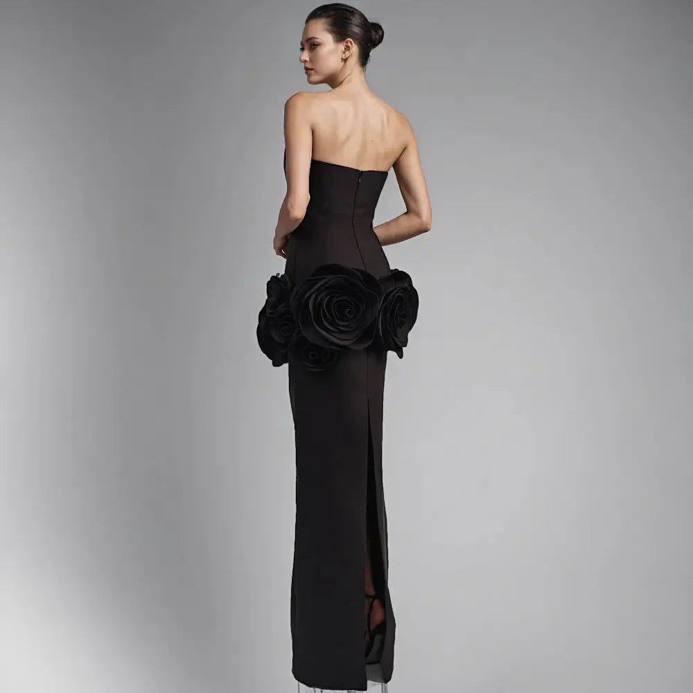 Wholesale women's clothing 2025 ladies prom dresses 3D flower elegant black long evening dress engagement party dresses for women