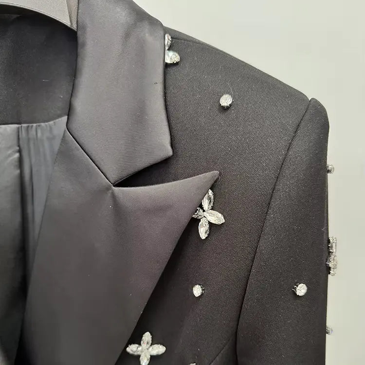 Luxury OEM clothing manufacturer beaded rhinestone black suit short skirt dress female elegant ladies blazer dress