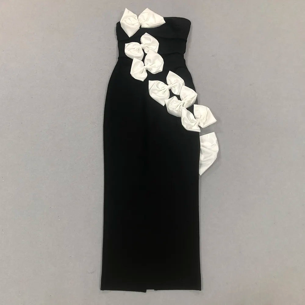 Custom women's dress manufacturer black long bodycon dress high bow evening gown