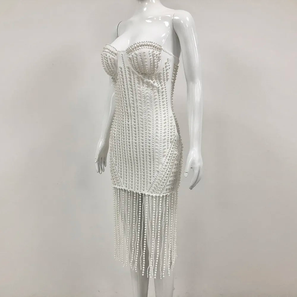 2025 Luxury Ball Gown Front De Noche De Luxo Women White Elegant Pearl Tassel Evening Dress Fashion Club Bandage Dress