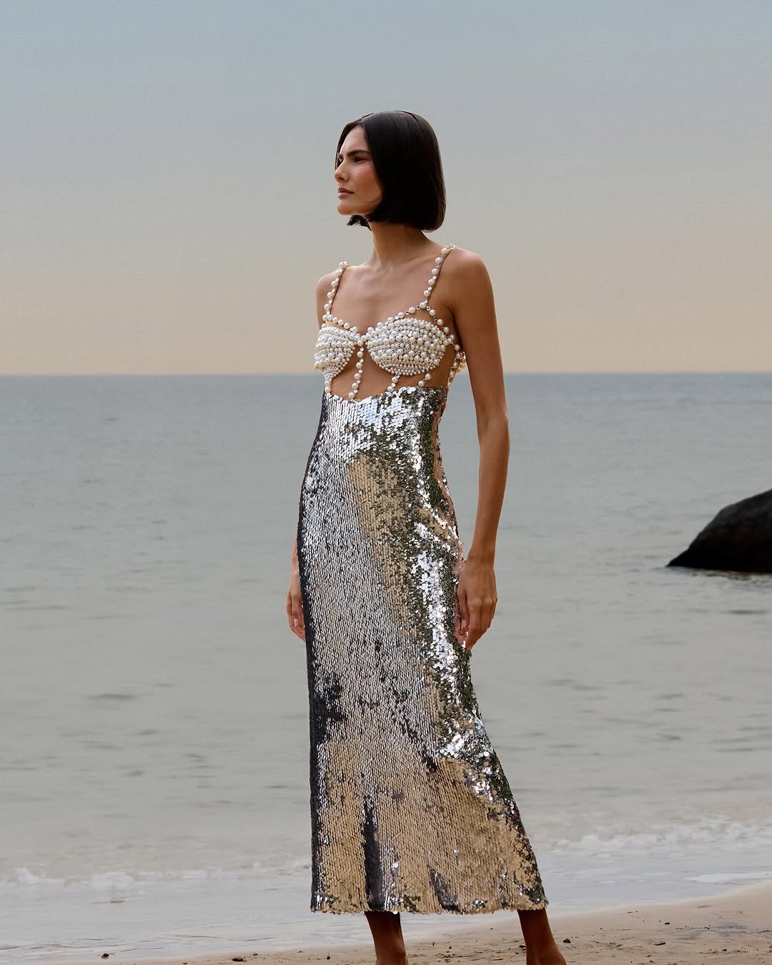 Wholesale Elegant Womens Summer Clothing Long Sequined Evening Dresses Pearl Bead Top Silver Sequin Evening Party Dress
