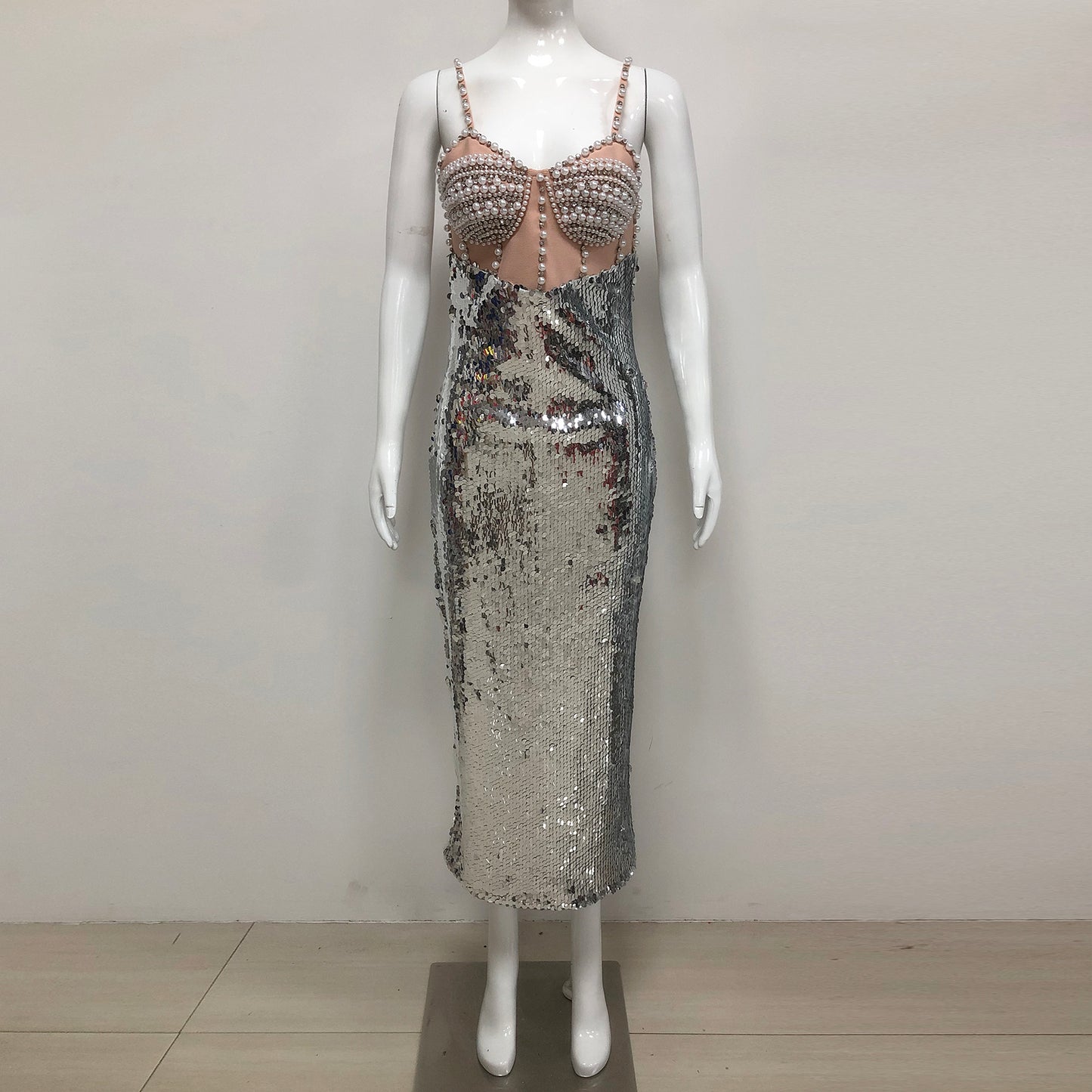 Wholesale Elegant Womens Summer Clothing Long Sequined Evening Dresses Pearl Bead Top Silver Sequin Evening Party Dress