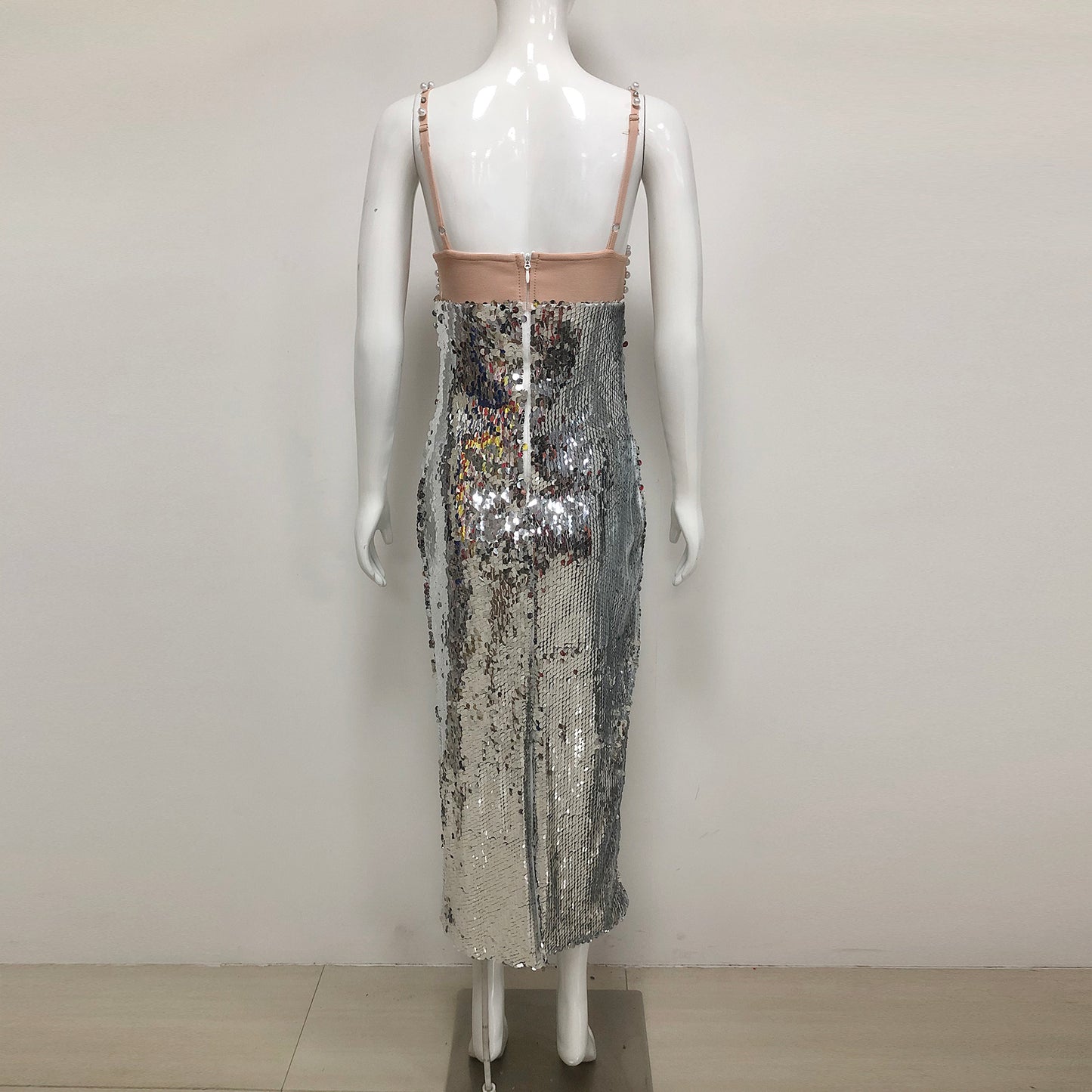 Wholesale Elegant Womens Summer Clothing Long Sequined Evening Dresses Pearl Bead Top Silver Sequin Evening Party Dress