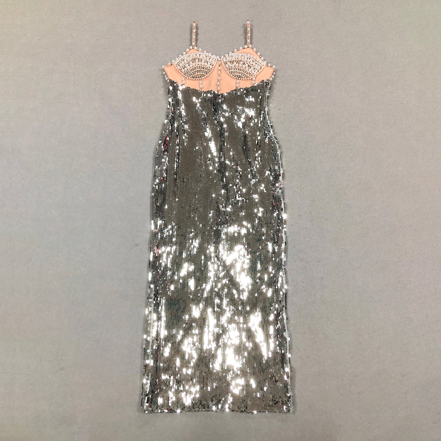 Wholesale Elegant Womens Summer Clothing Long Sequined Evening Dresses Pearl Bead Top Silver Sequin Evening Party Dress