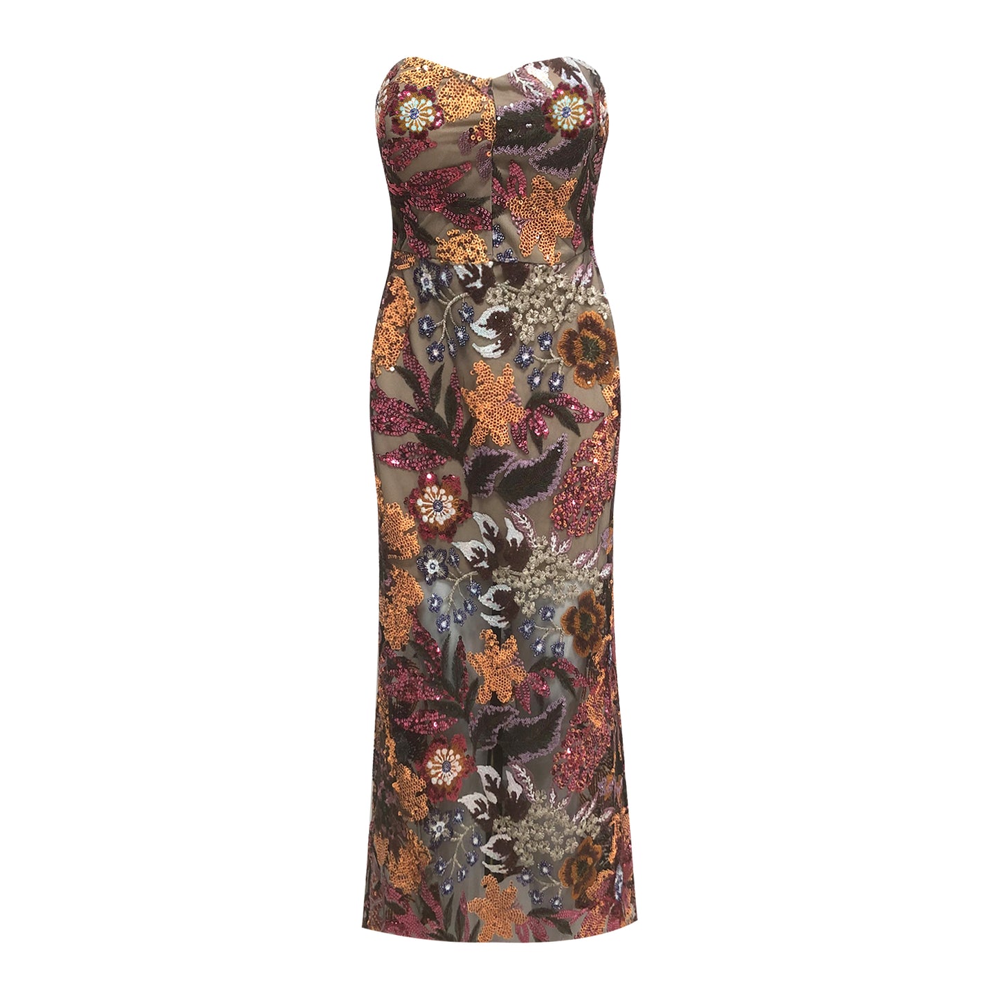 Floral Embroidery Sequined Mesh Evening Gown