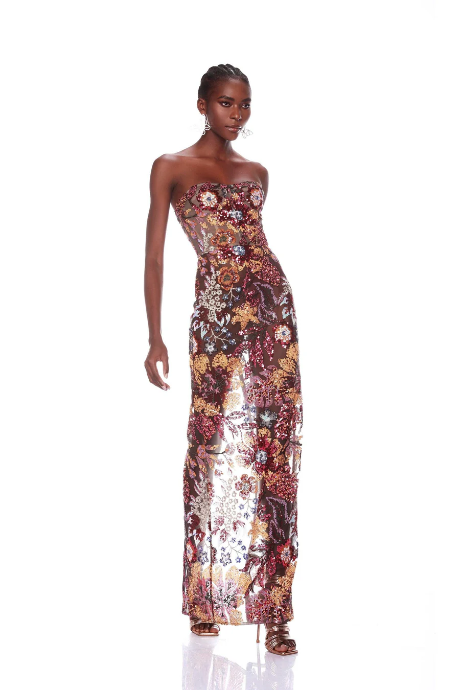 Floral Embroidery Sequined Mesh Evening Gown
