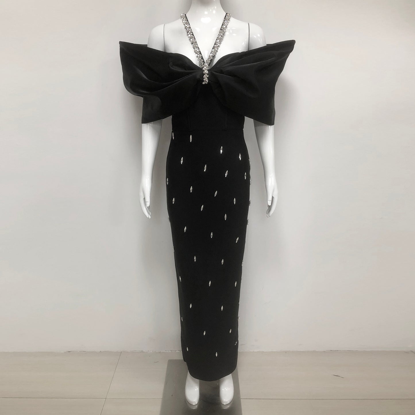Rhinestone V Neckline Bow Formal Gown
