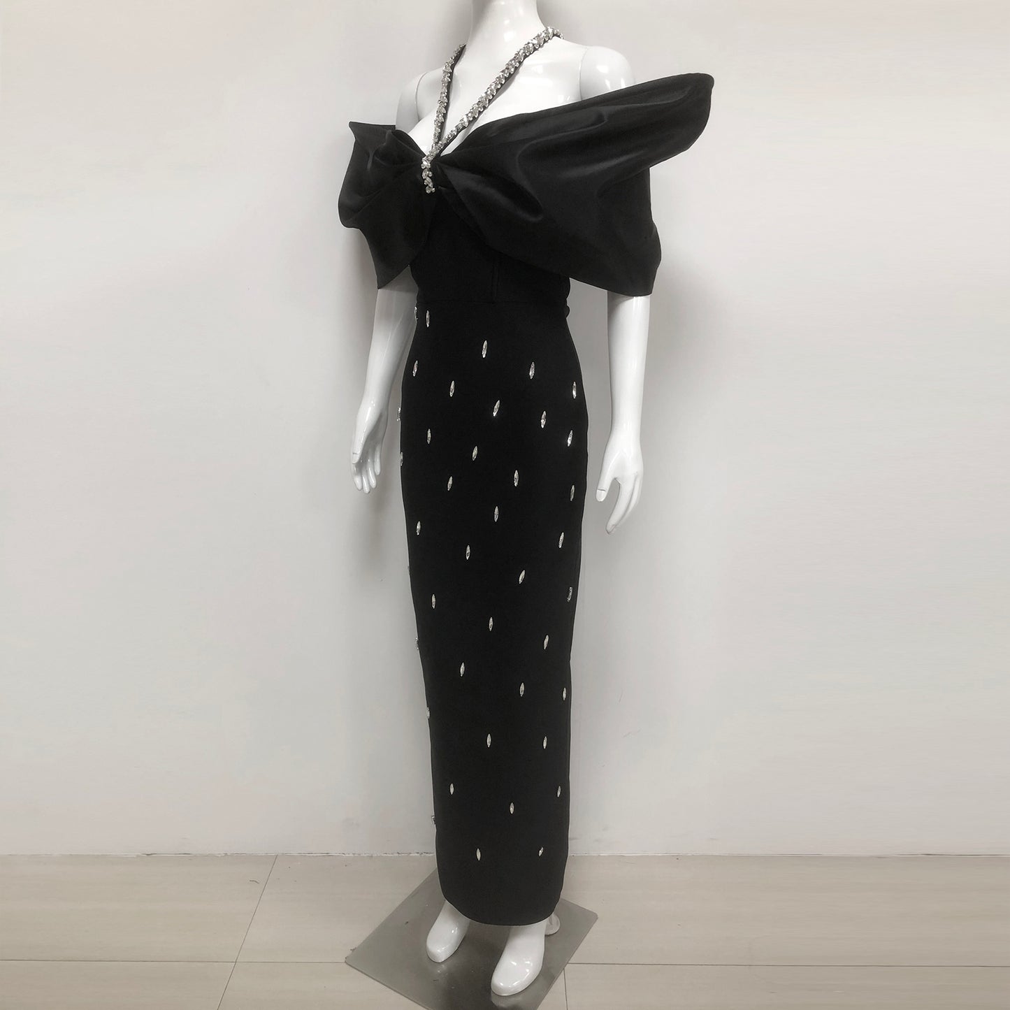 Rhinestone V Neckline Bow Formal Gown