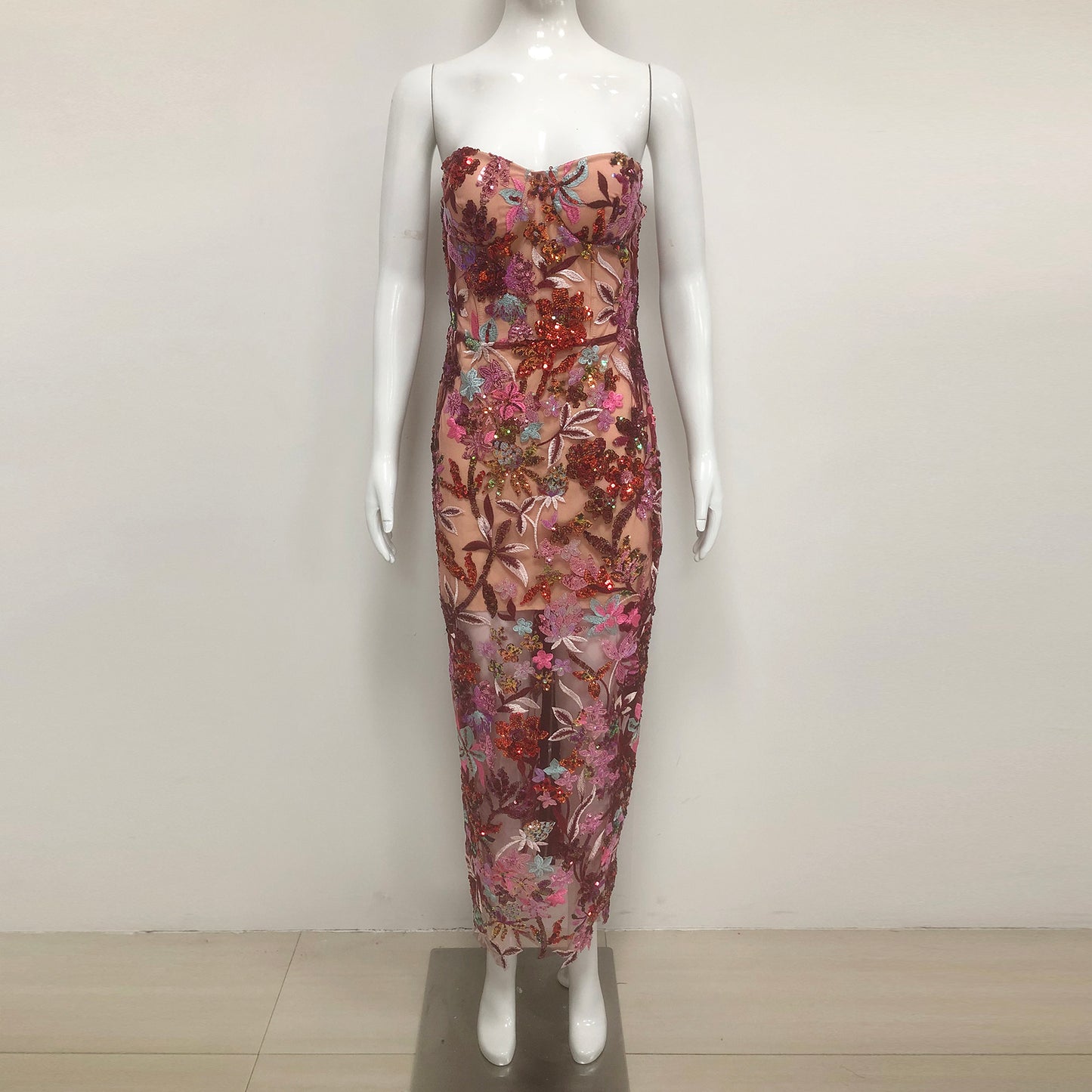 Floral Sequins Sheer Embroidered Dress