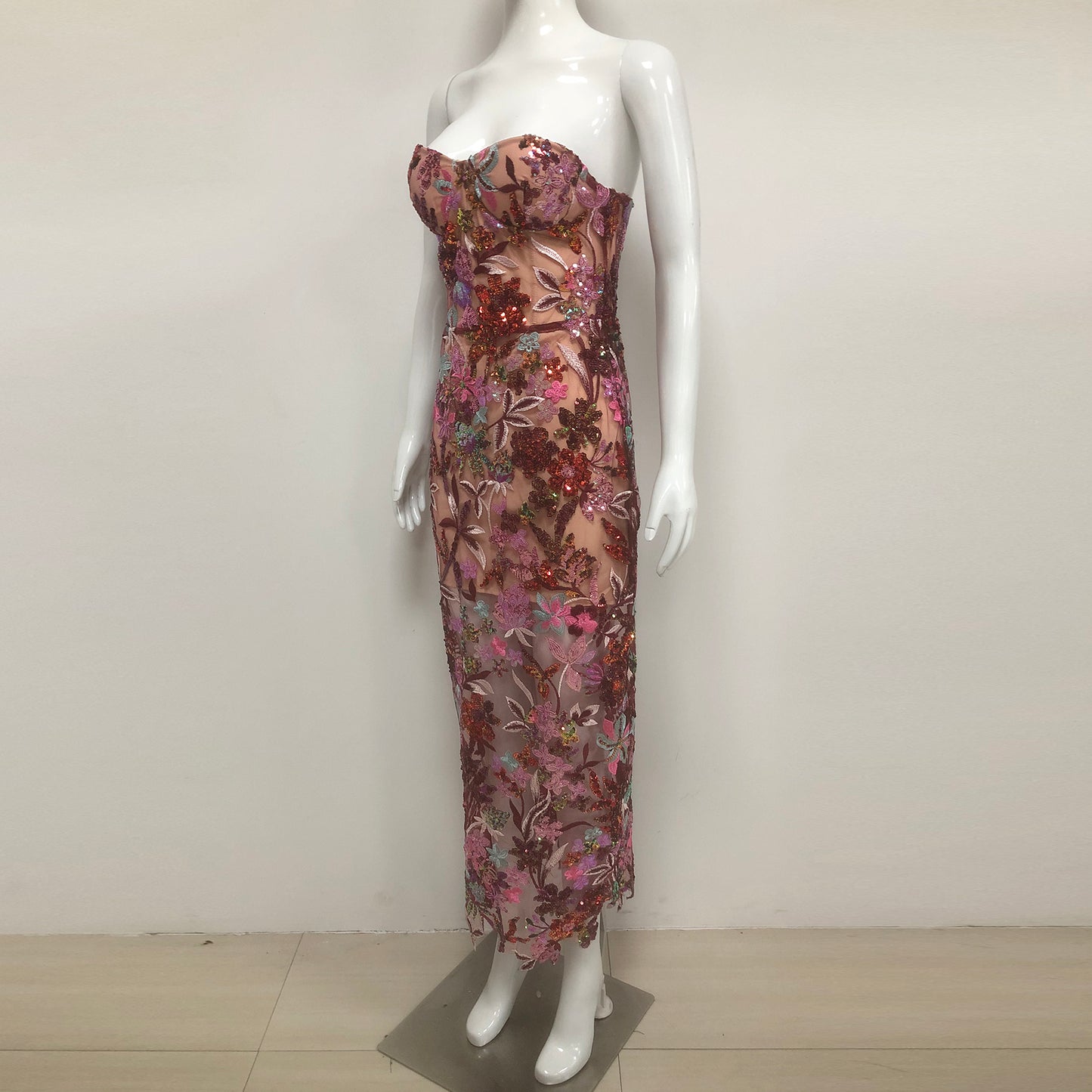 Floral Sequins Sheer Embroidered Dress