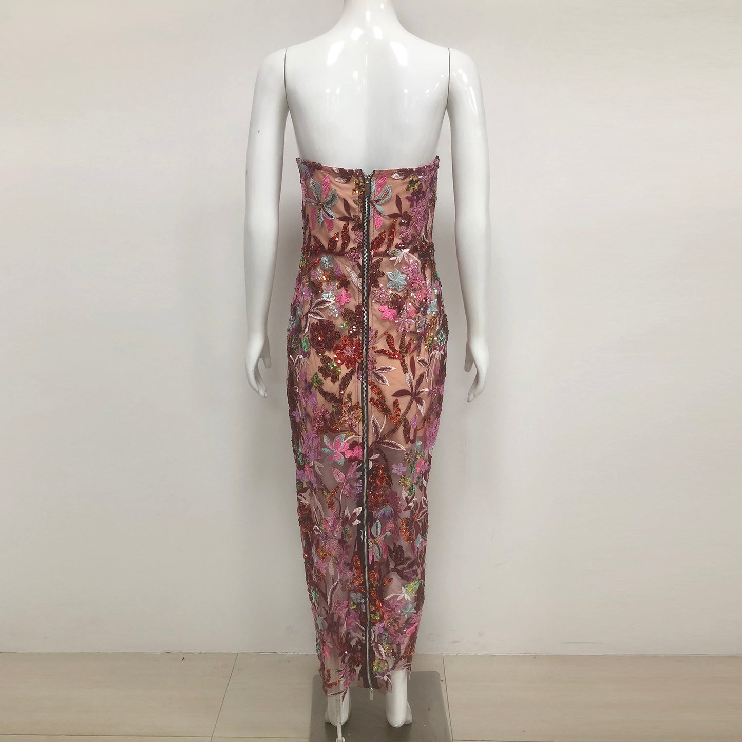 Floral Sequins Sheer Embroidered Dress
