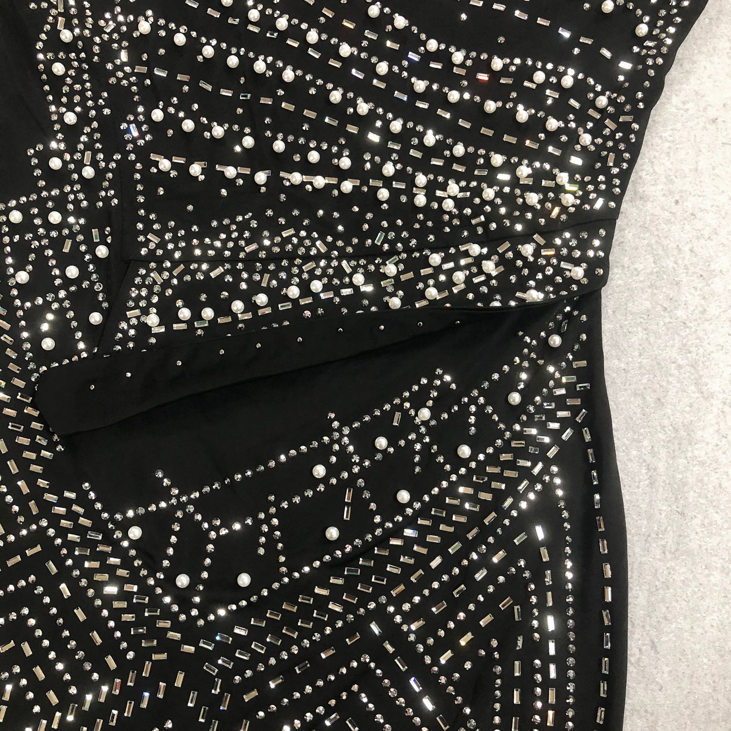 Black One Shoulder Rhinestone Pearl Beaded Mermaid Gown