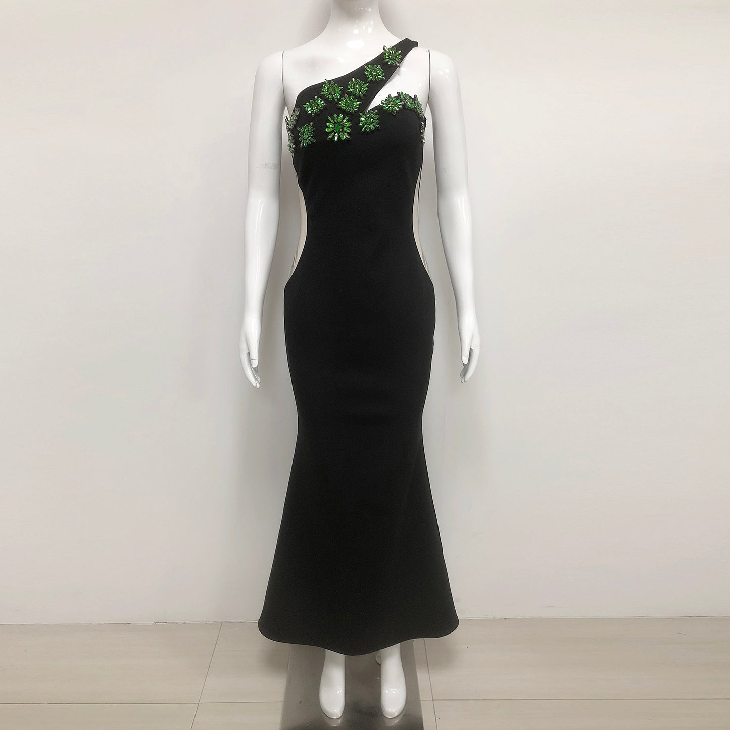 Green Rhinestones Sheer Side Mermaid Gown