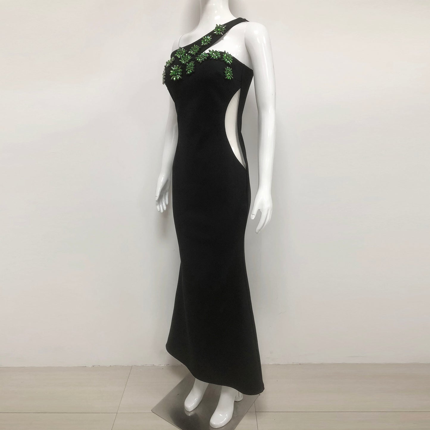 Green Rhinestones Sheer Side Mermaid Gown