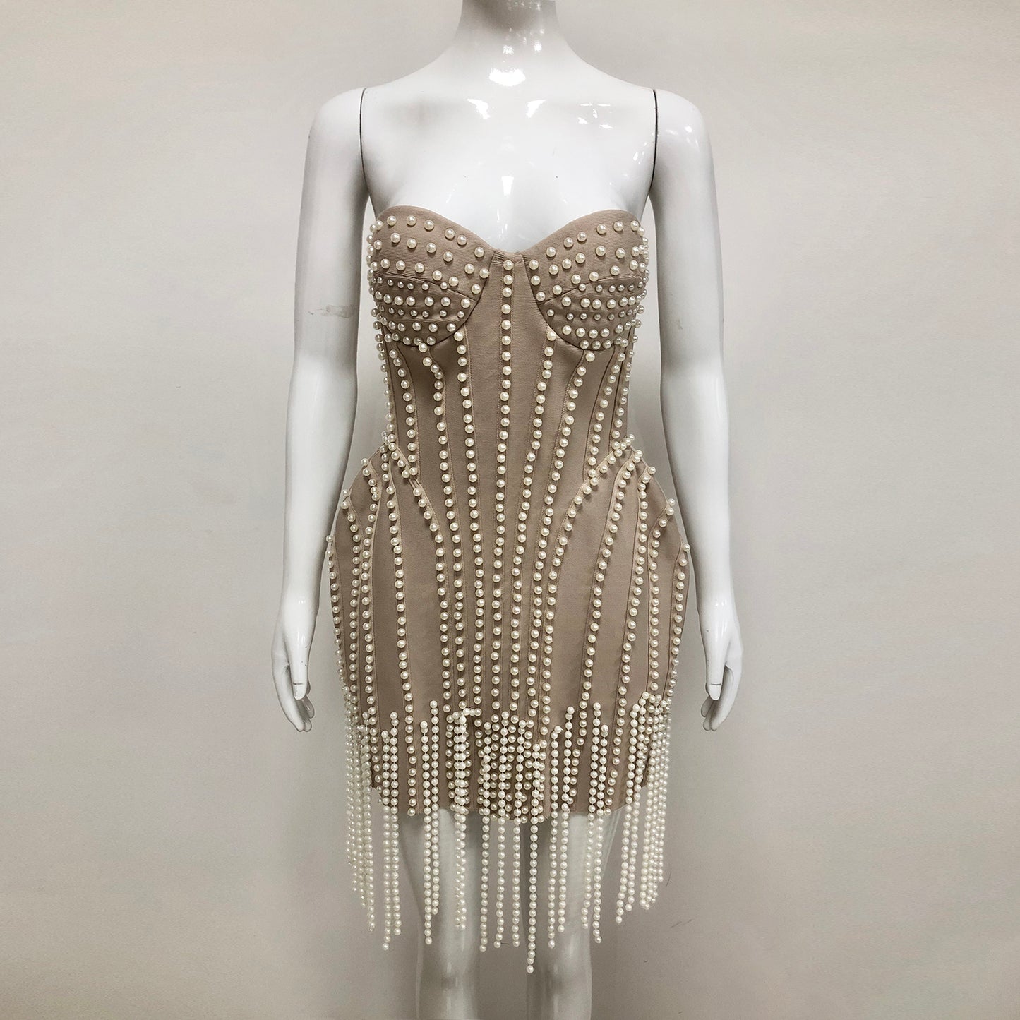 Beige Bandage Dress With Pearl Fringe
