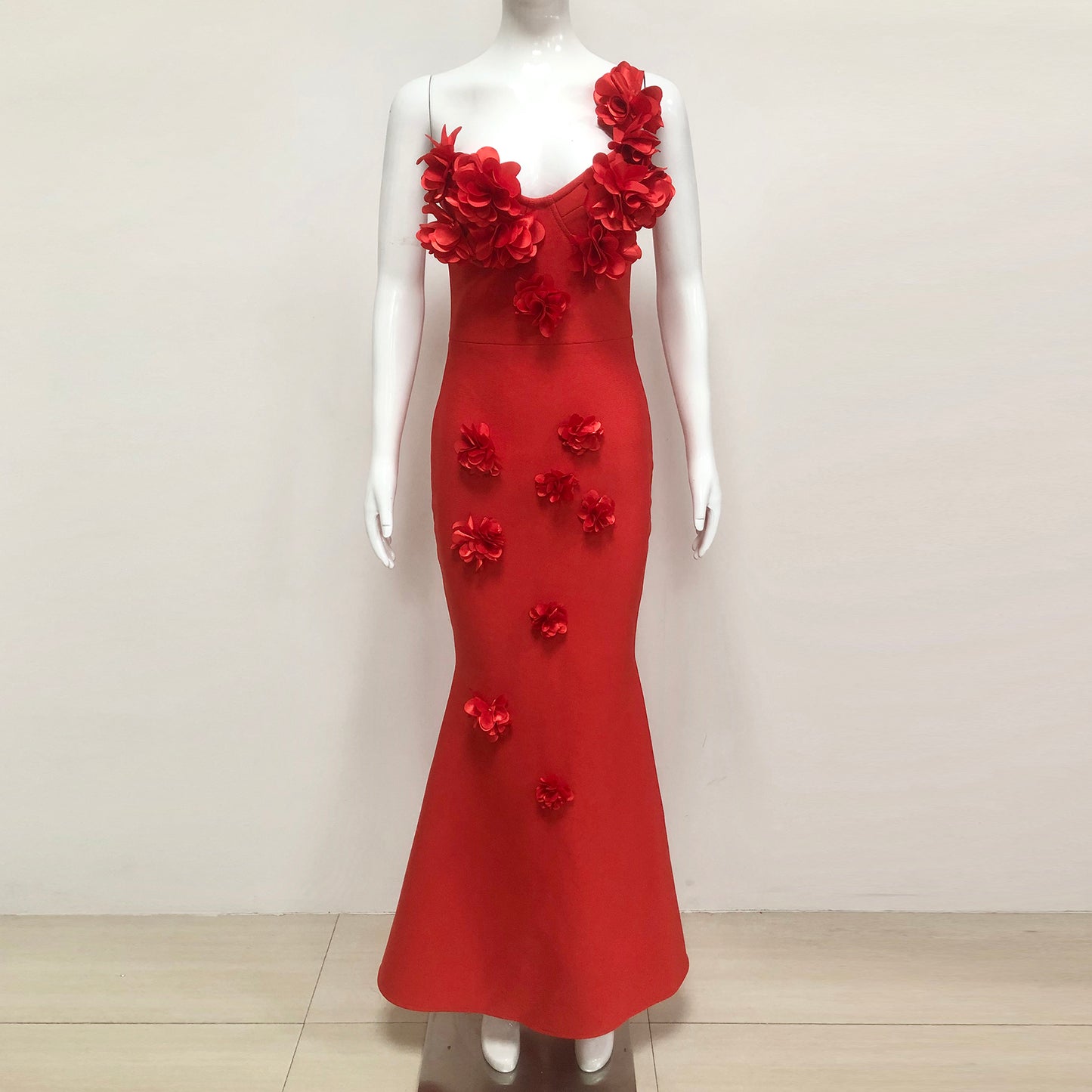 3D Flower One Shoulder Bandage Evening Gowns Elegant Red Long Gown Formal Party Wear Dresses for Women