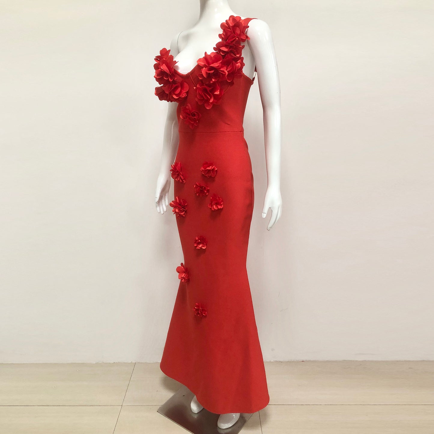 3D Flower One Shoulder Bandage Evening Gowns Elegant Red Long Gown Formal Party Wear Dresses for Women