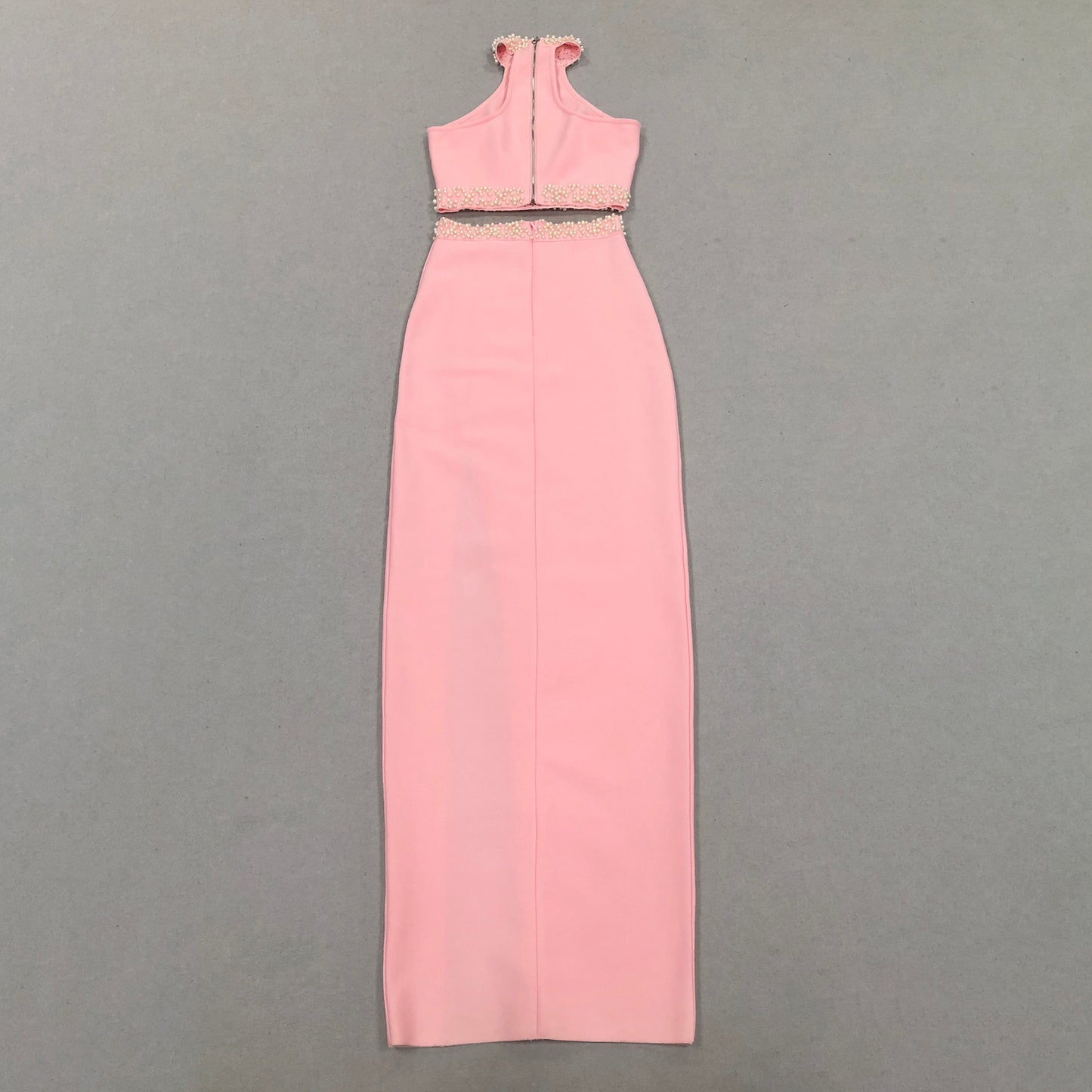 Elegant Women's Skirt Sets High Slit Pink Bandage 2 Piece Skirt Set with Pearls