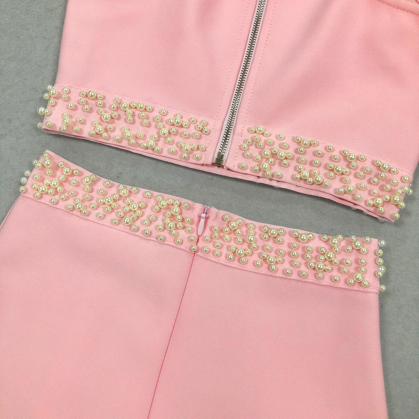 Elegant Women's Skirt Sets High Slit Pink Bandage 2 Piece Skirt Set with Pearls