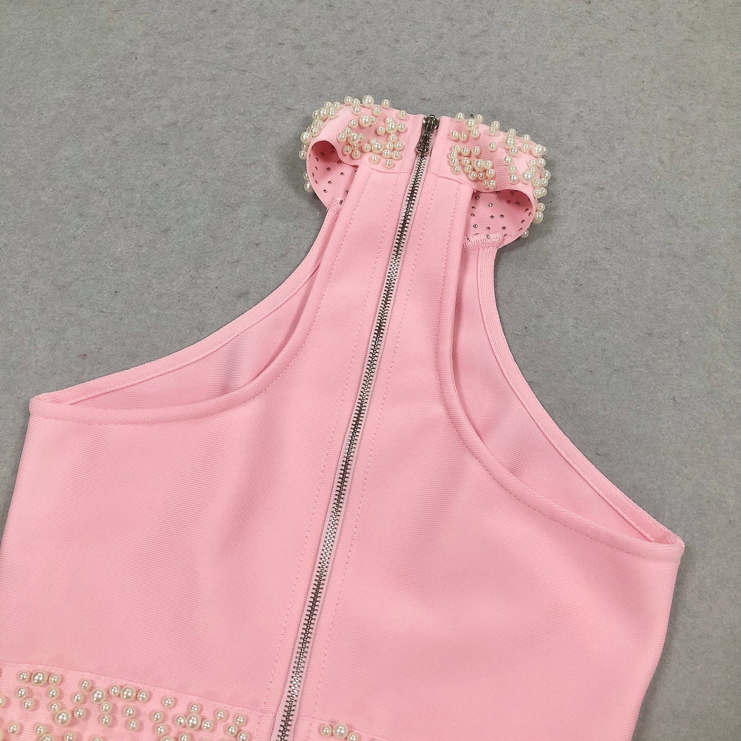 Elegant Women's Skirt Sets High Slit Pink Bandage 2 Piece Skirt Set with Pearls