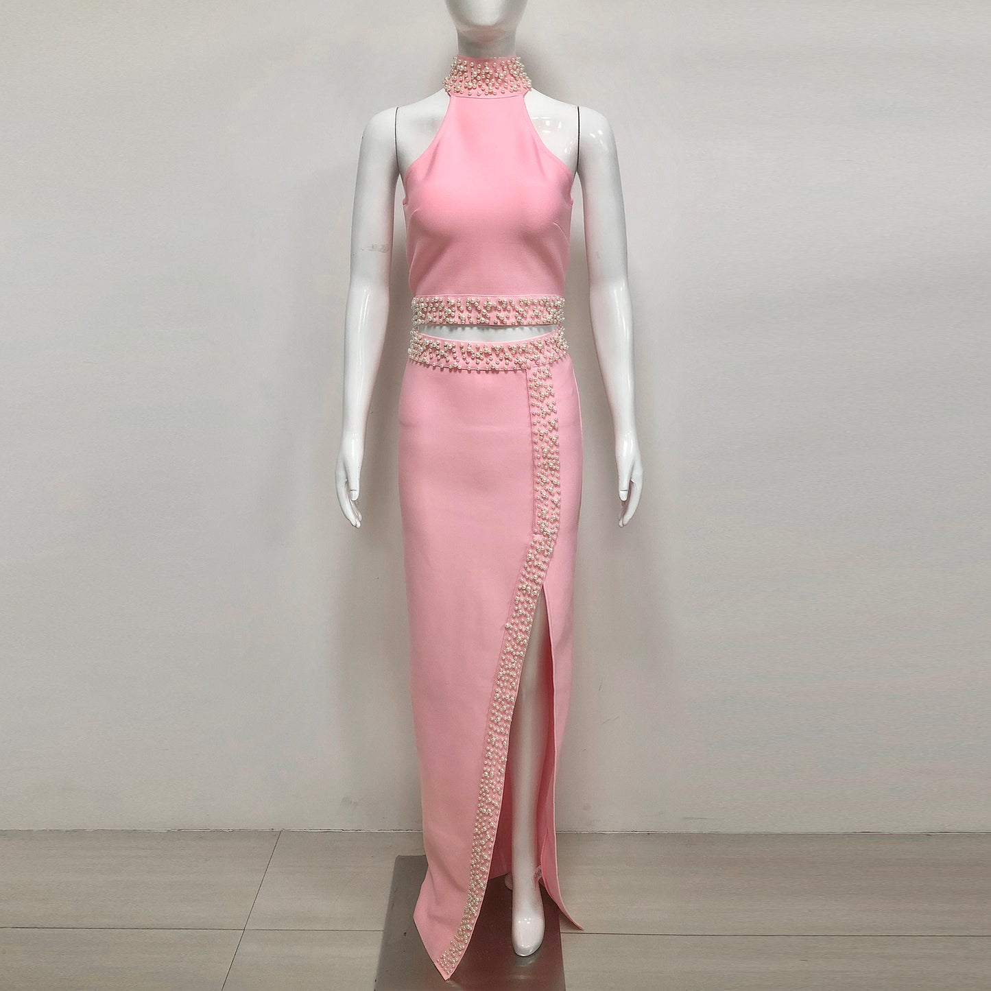Elegant Women's Skirt Sets High Slit Pink Bandage 2 Piece Skirt Set with Pearls