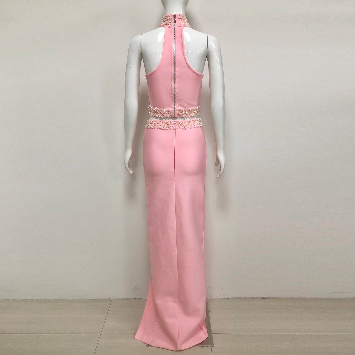 Elegant Women's Skirt Sets High Slit Pink Bandage 2 Piece Skirt Set with Pearls