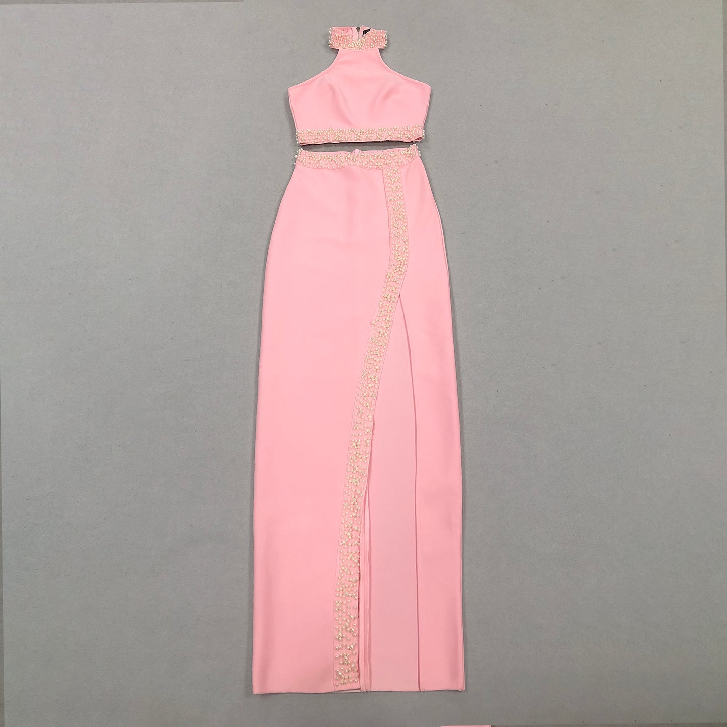 Elegant Women's Skirt Sets High Slit Pink Bandage 2 Piece Skirt Set with Pearls