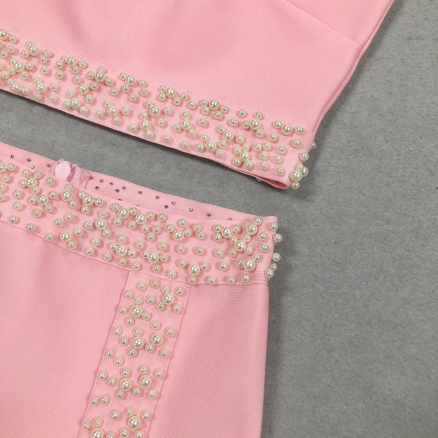 Elegant Women's Skirt Sets High Slit Pink Bandage 2 Piece Skirt Set with Pearls
