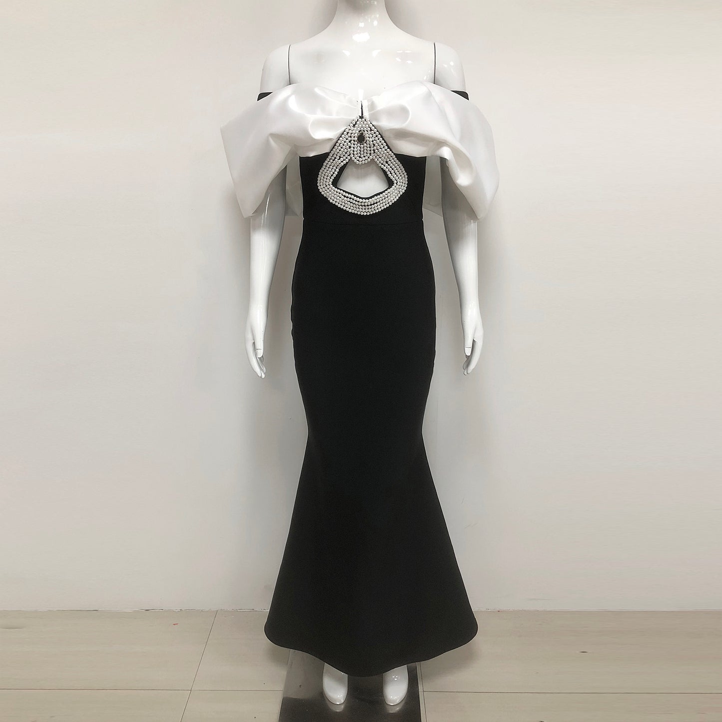 Off Shoulder Bow Rhinestone Cutout Mermaid Maxi Dress