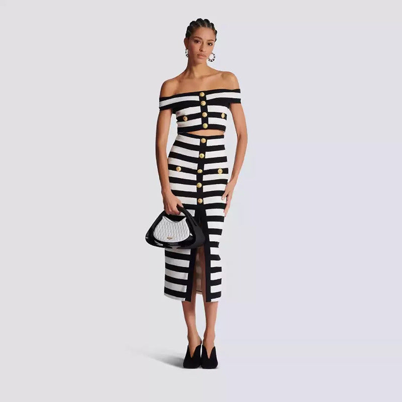 Black White Striped Two Piece Set