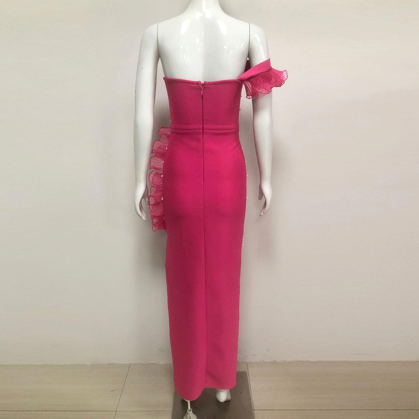 One Shoulder Rhinestone Ruffle Evening Dress