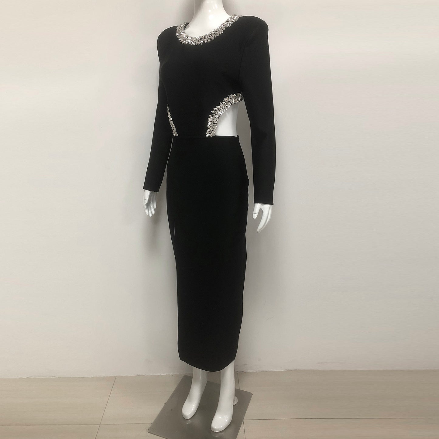 Black Rhinestone Cutout Club Evening Dresses