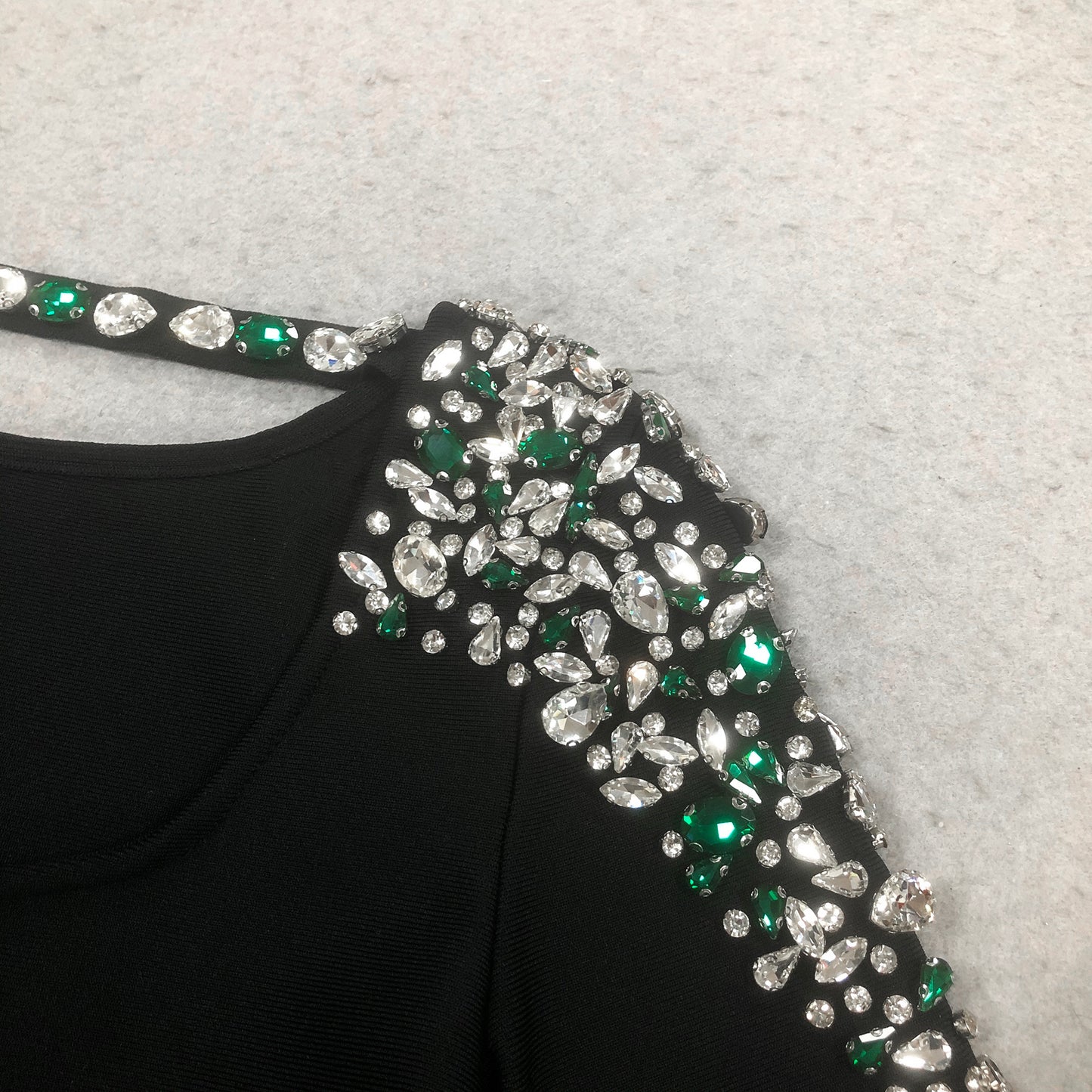 Beaded Rhinestone Shoulders Puff Sleeves Maxi Gown