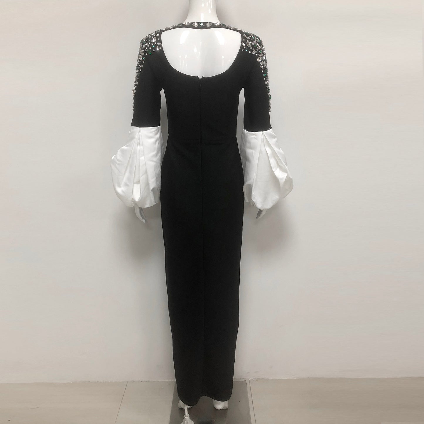 Beaded Rhinestone Shoulders Puff Sleeves Maxi Gown