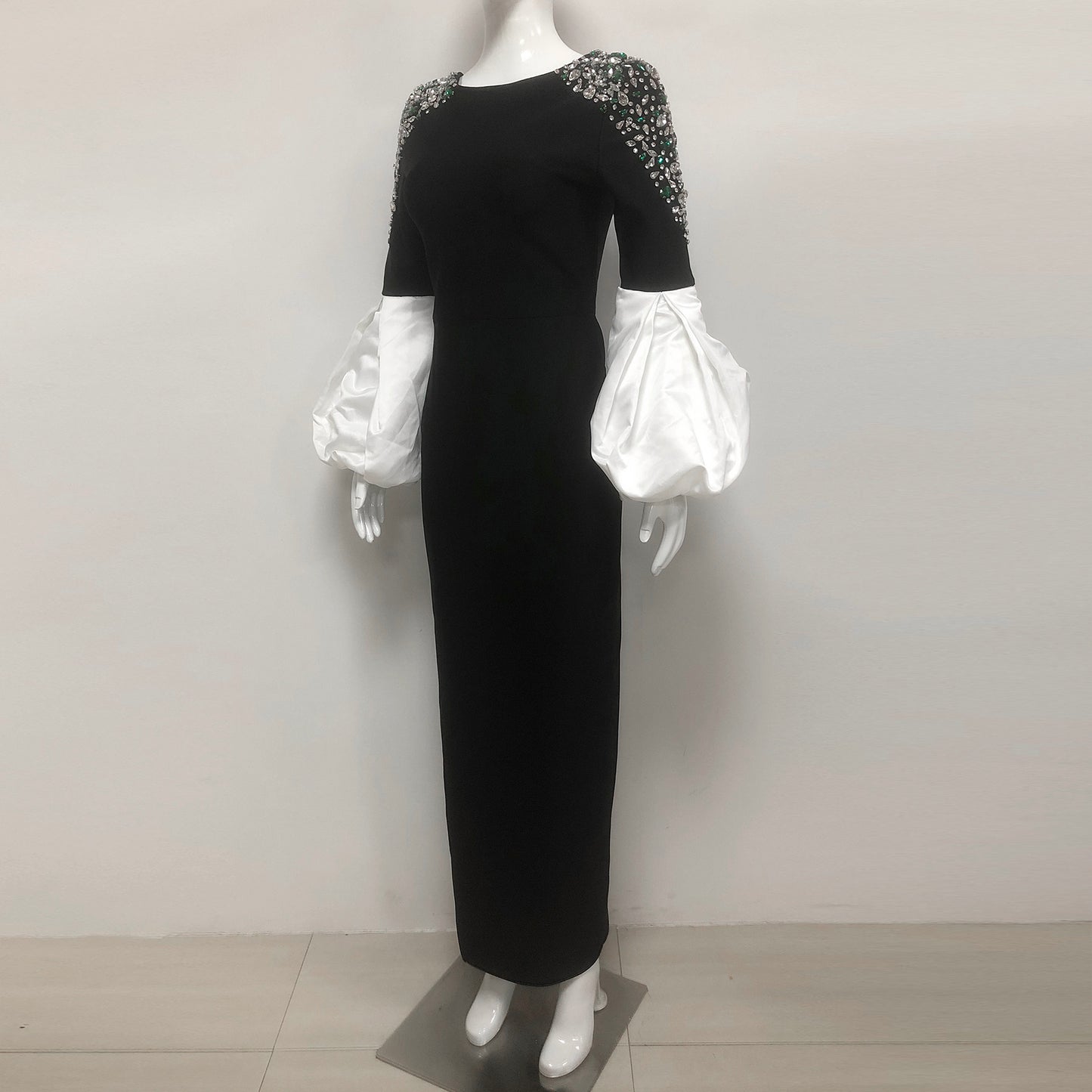 Beaded Rhinestone Shoulders Puff Sleeves Maxi Gown