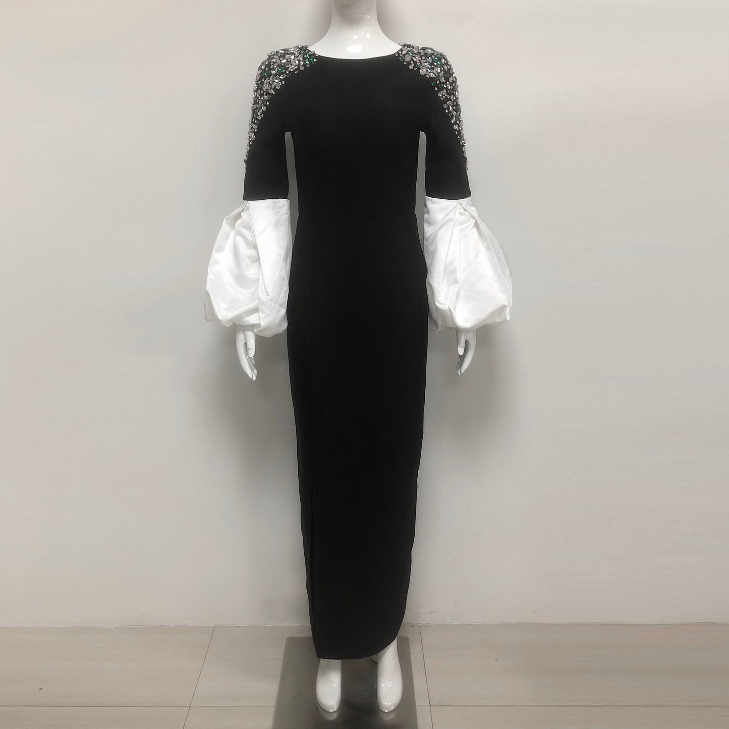 Beaded Rhinestone Shoulders Puff Sleeves Maxi Gown