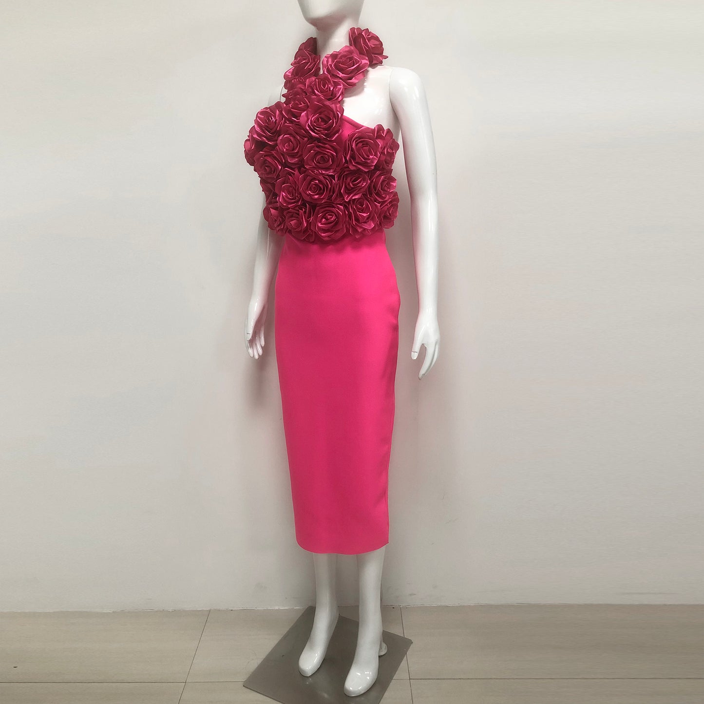 Pink Halter Neck 3D Rose Midi Dress