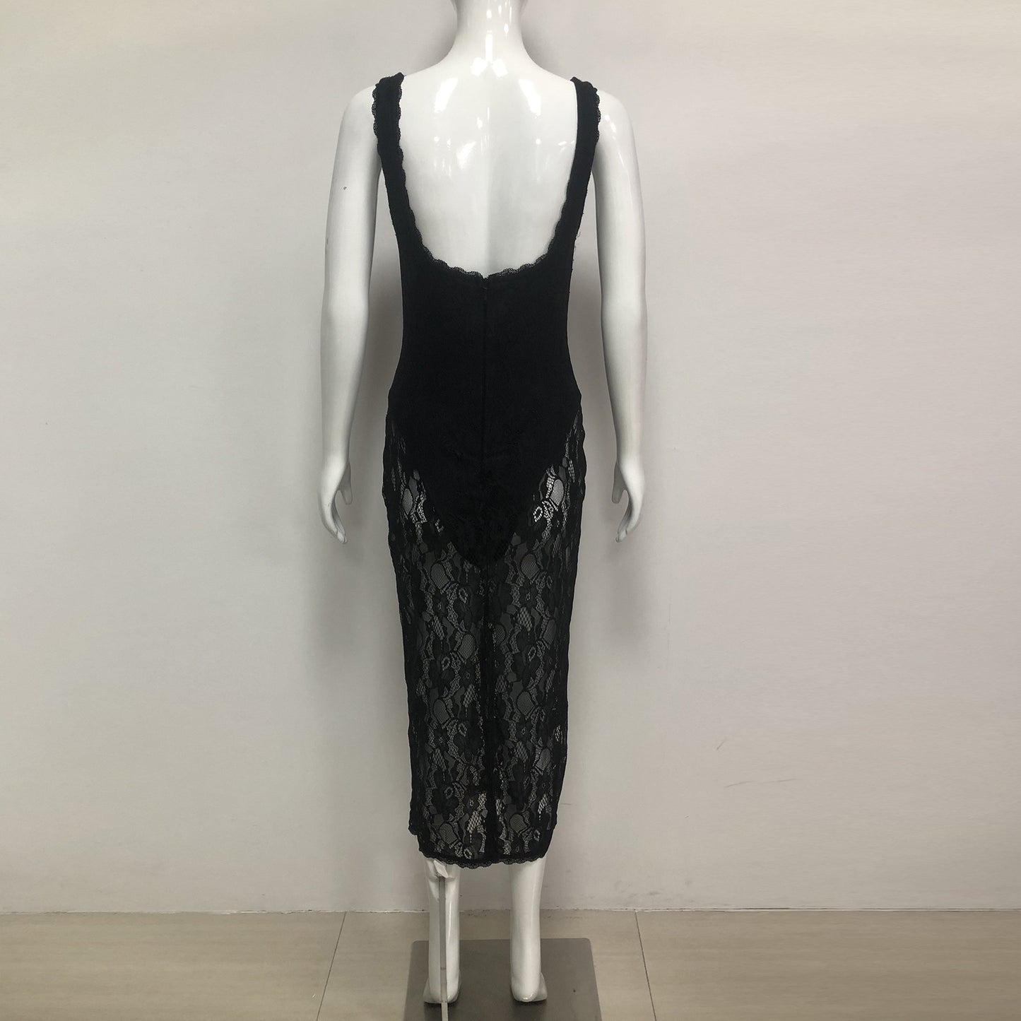 Black Deep V Neck Sleeveless Lace Midi Dress