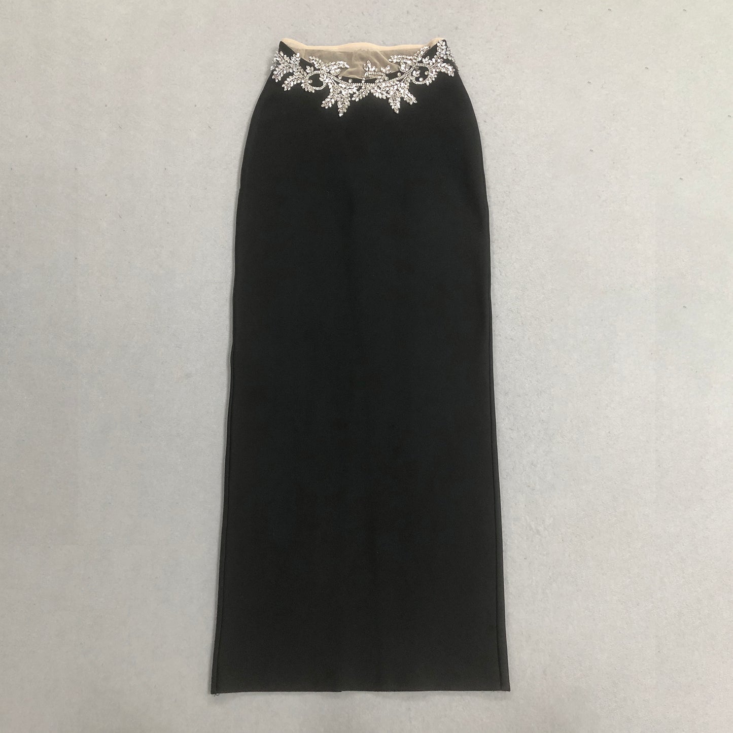 Luxury Women Black Bandage Set High Neck Long Sleeve Crystal Pearl Crop Top Formal Two Piece Maxi Skirt Set for Evening Parties