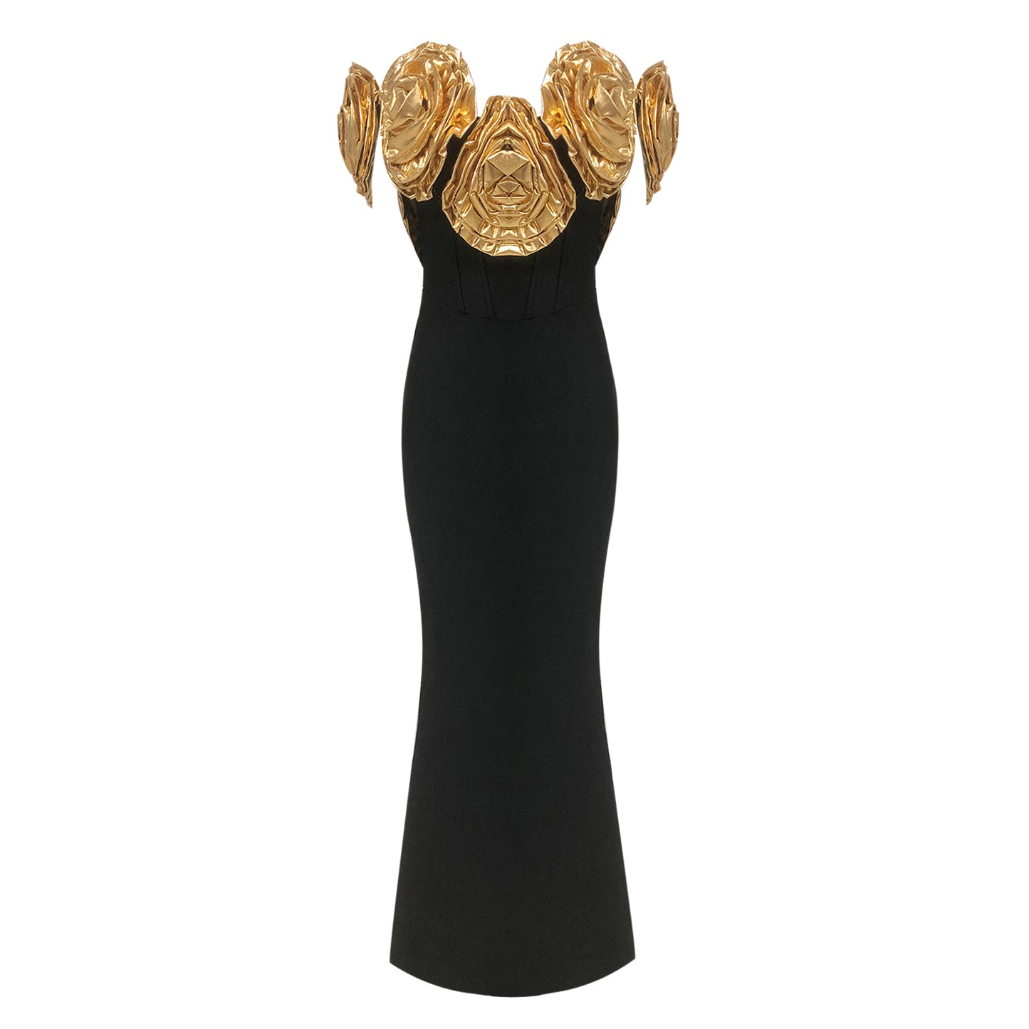 Golden 3D Flower Long Bodycon Formal Party Gown Elegant Luxury Black Evening Dresses for Women