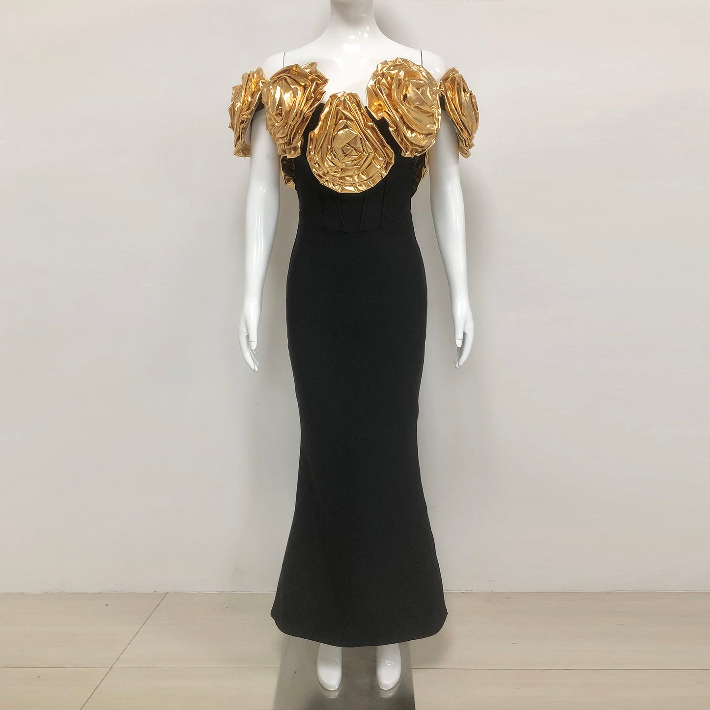 Golden 3D Flower Long Bodycon Formal Party Gown Elegant Luxury Black Evening Dresses for Women