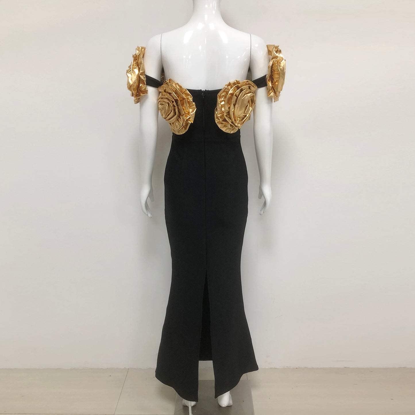 Golden 3D Flower Long Bodycon Formal Party Gown Elegant Luxury Black Evening Dresses for Women