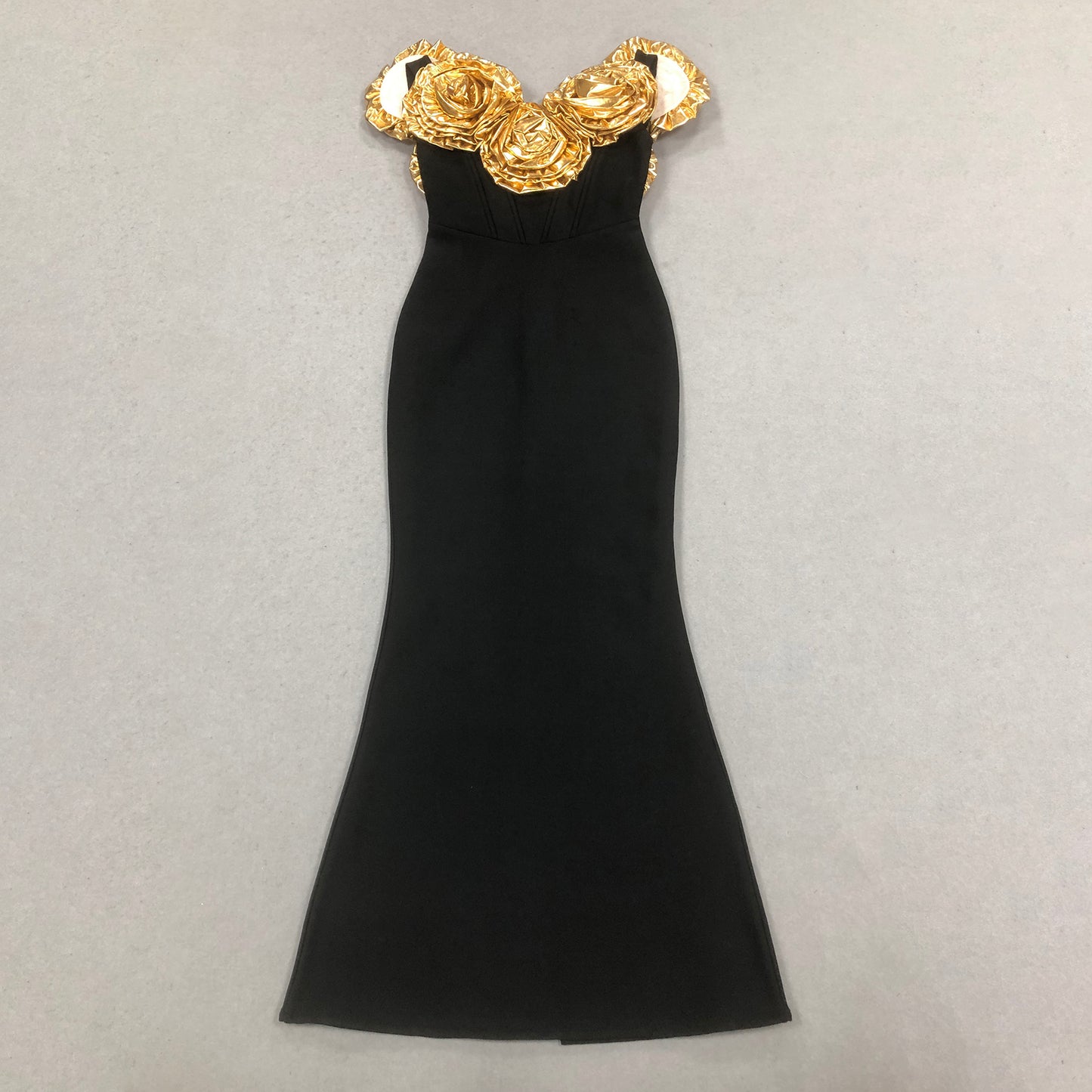 Golden 3D Flower Long Bodycon Formal Party Gown Elegant Luxury Black Evening Dresses for Women