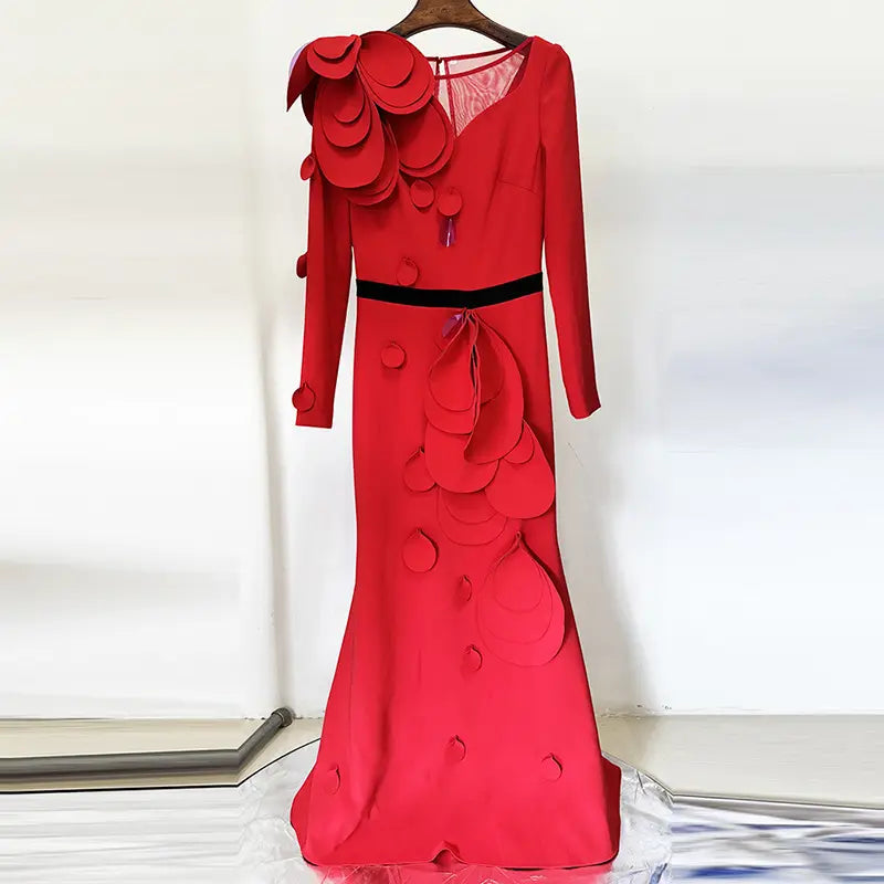 Wholesale women's luxury long sleeve dress elegant red mermaid evening dress 3D petal train
